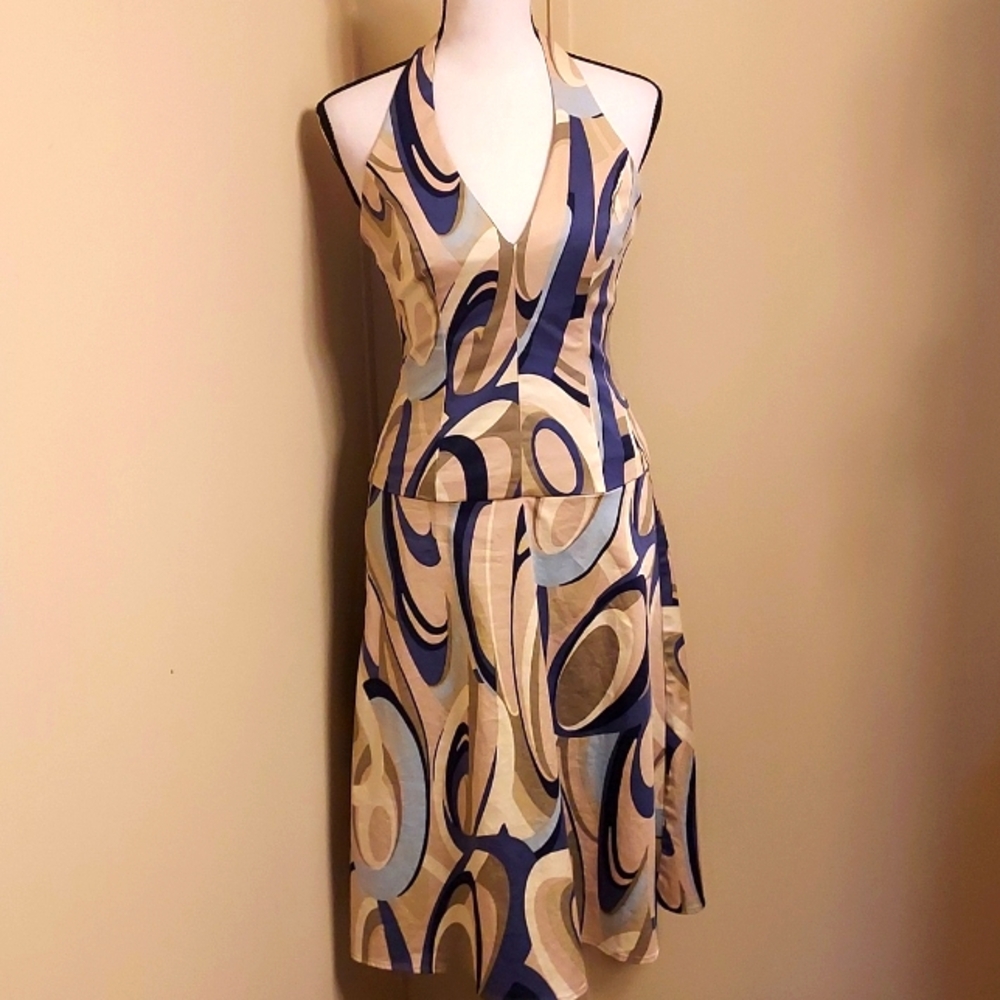 Notice Navy/Biege/White Halter Flared Dress